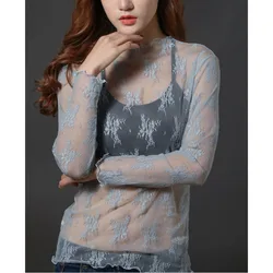 Sexy Women See Through Transparent Mesh Tops Long Sleeve Sheer Slim Ladies Turtleneck ds505