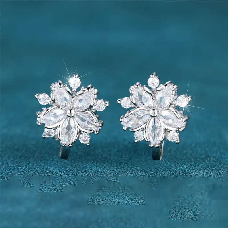 Clip Earrings Elegant Pink Crystal Sakura White Zircon Flower For Women Wedding