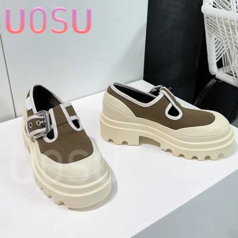 Spring Summer New Couple Shoes Retro Muffin Thick Bottom 3cm Canvas Colorblocking Style Mary Jane Loafers General Shoes