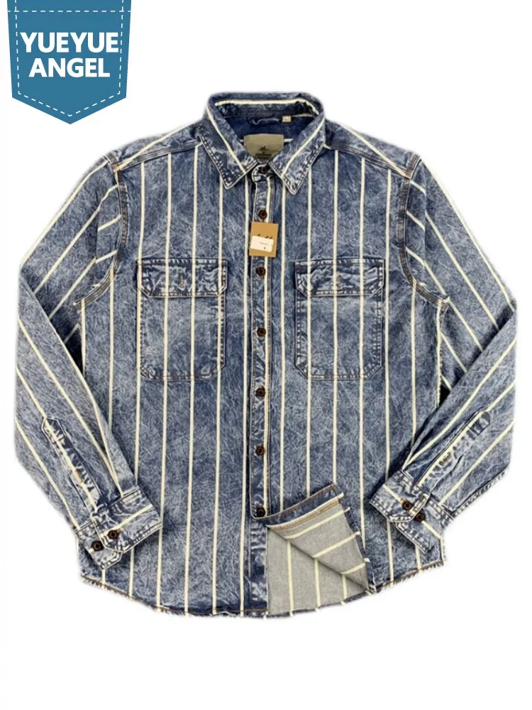 

Vintage Men Loose Fit Striped Casual Cargo Shirt Spring Autumn Long Sleeve Tops Casual Streetwear Retro Work Denim Shirts Man