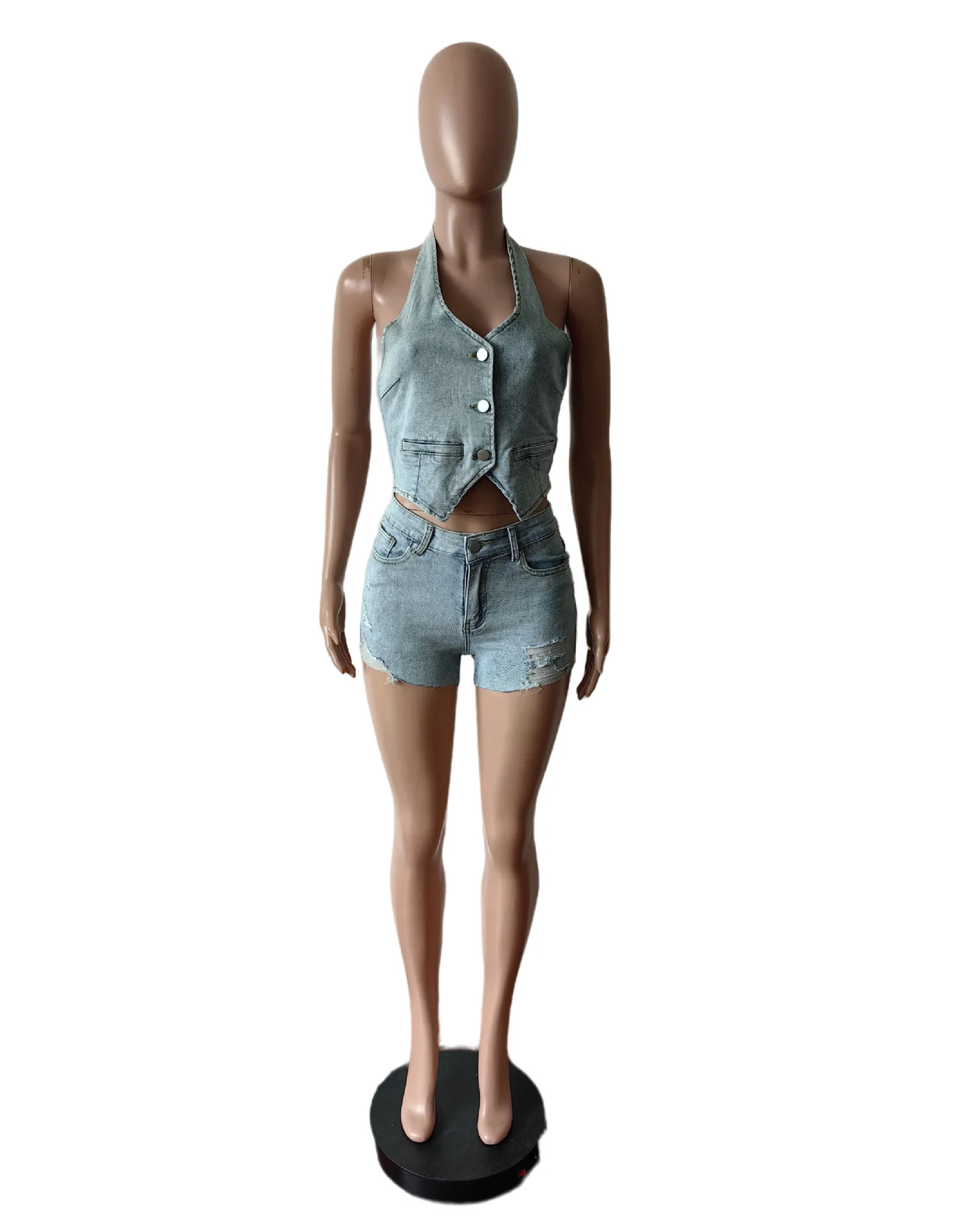 Summer tank top and shorts set, new, European and American neck hanging open back elastic shorts set