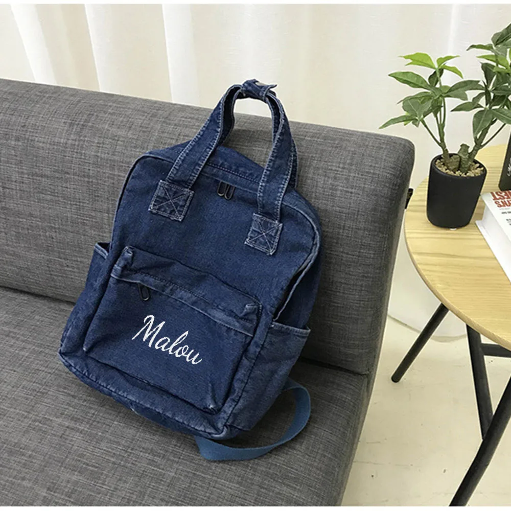 

Personalized Name High School Student Backpack Custom Simple Denim Canvas Backpack Girl's Large Capacity Schoolbags with Name