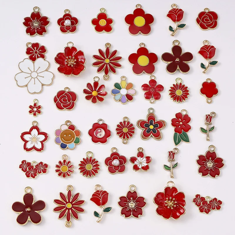 Duarte 20 Teile/los Mix Rote Emaille Blume Charms Anhänger für Schmuck Machen Tropfen Ohrringe Halsketten Armbänder Zubehör DIY Geschenk – Detail 1