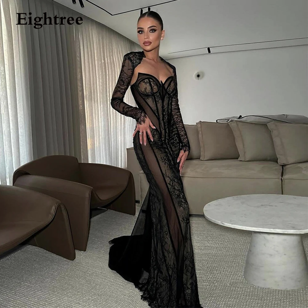 

Eightree Sexy Black Mermaid Party Dresses Full Lace Long Sleeves Evening Gowns Night Event Club Israel Prom Dress