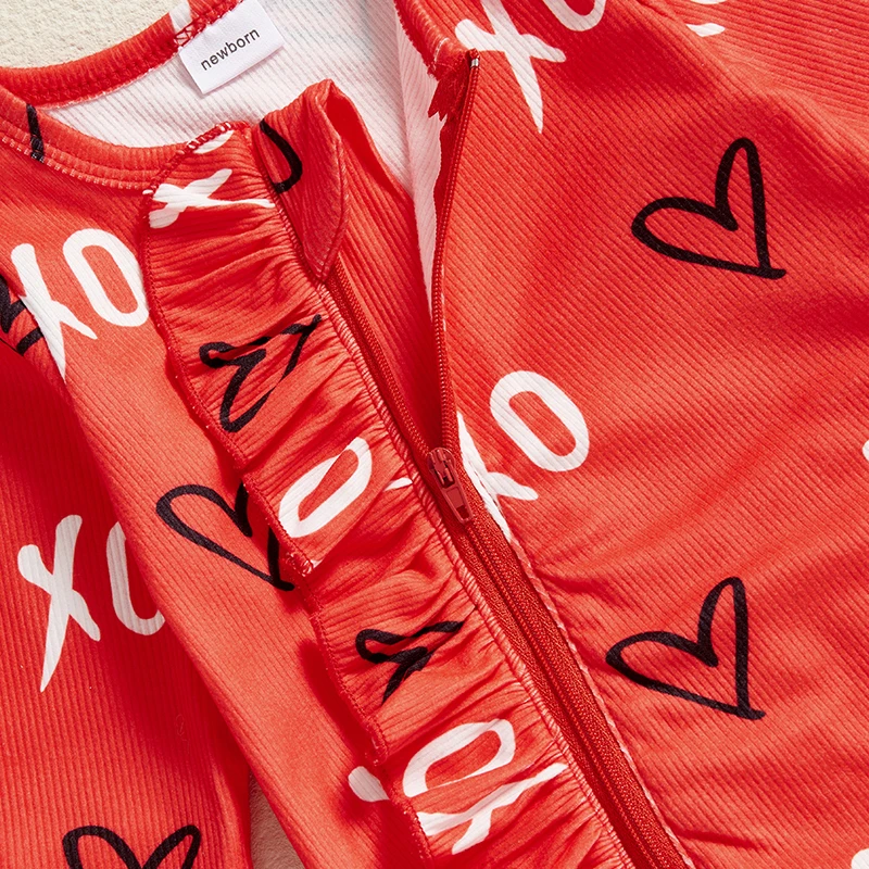 Pudcoco Baby Girls Valentine's Day Jumpsuit Long Sleeve Round Neck Letter Heart Print Oblique Zipper Romper with Headband
