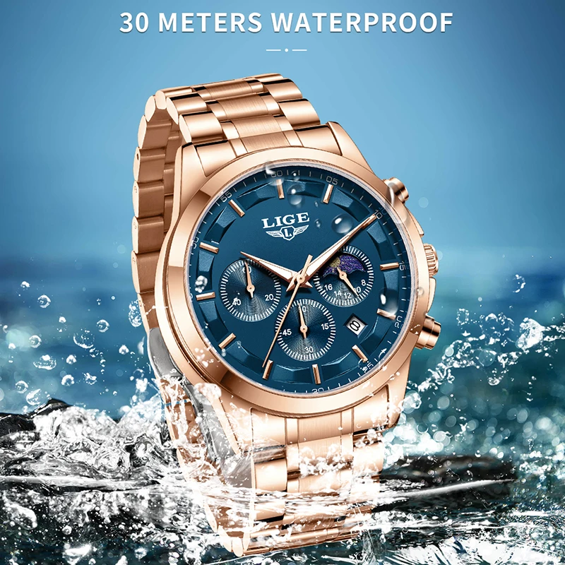 LIGE Sport Watch for Men Rose Gold Stainless Steel Waterproof Luminous Men's Watch Fashion 24 Hour Moon Phase Quartz Chronograph