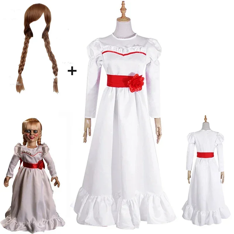 

Movie Annabel Cosplay Costume for Women Kids Adult Halloween Costumes and Wig Horror Scary Fancy White Dress Outfits