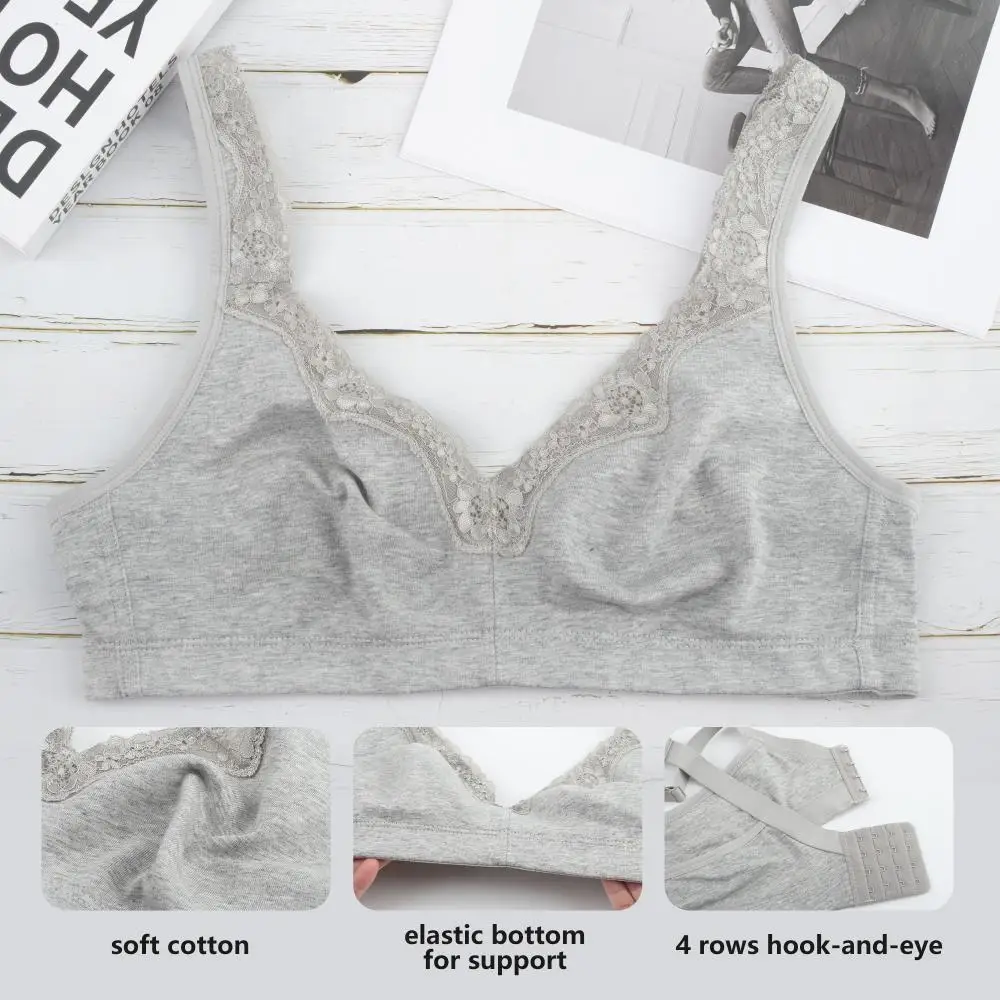 Sheroine Women's Floral Lace Cotton Bra Plus Size Wire-Free Non-Foam Comfort Wide Straps Full Coverage Sleep Underswear