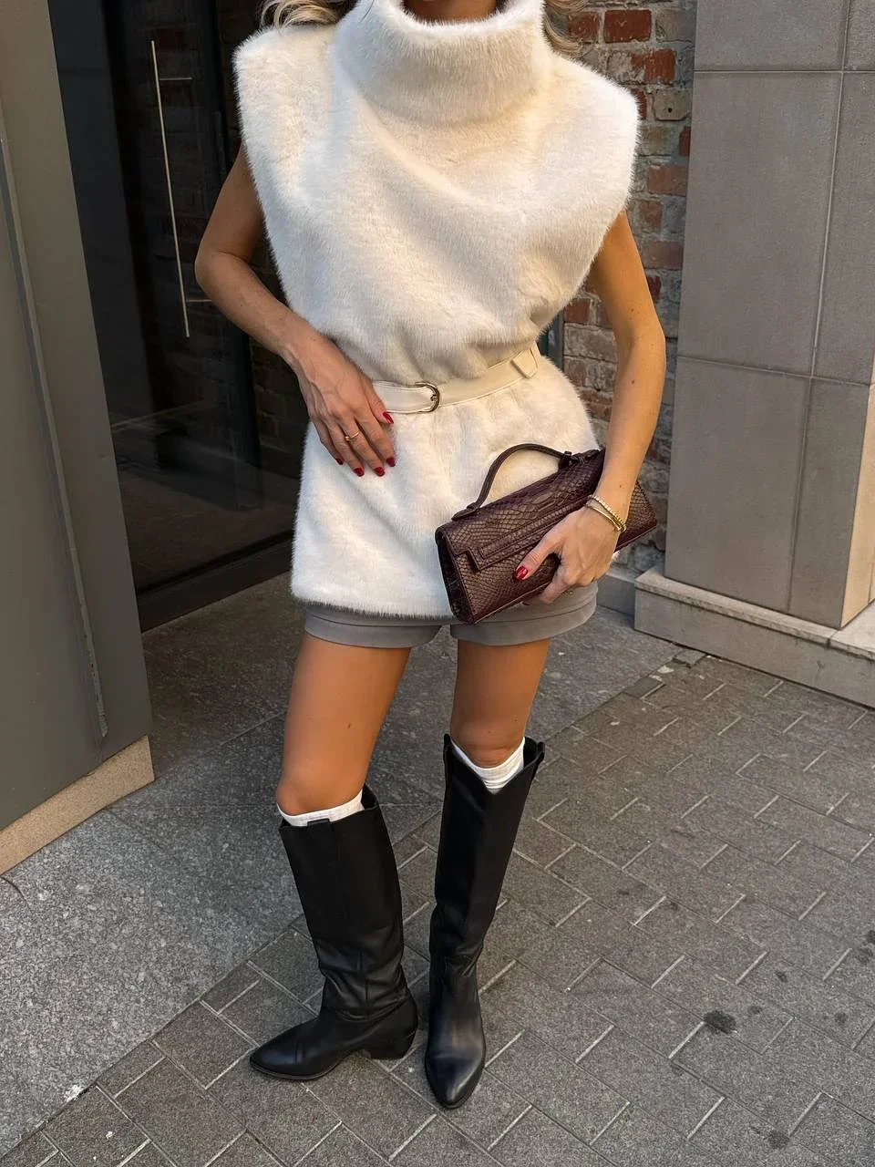 Casual Stand Collar Solid Fur Vest Women Chic Sleeveless Waist Cinching Lace Up Thick Top Fashion Lady New Business Commute Tops