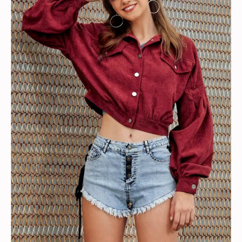 Fashion Women Corduroy Lantern Long Sleeves Lapel Jacket Spring Fall Winter Elegant Solid Color New Loose Casual Short Jackets