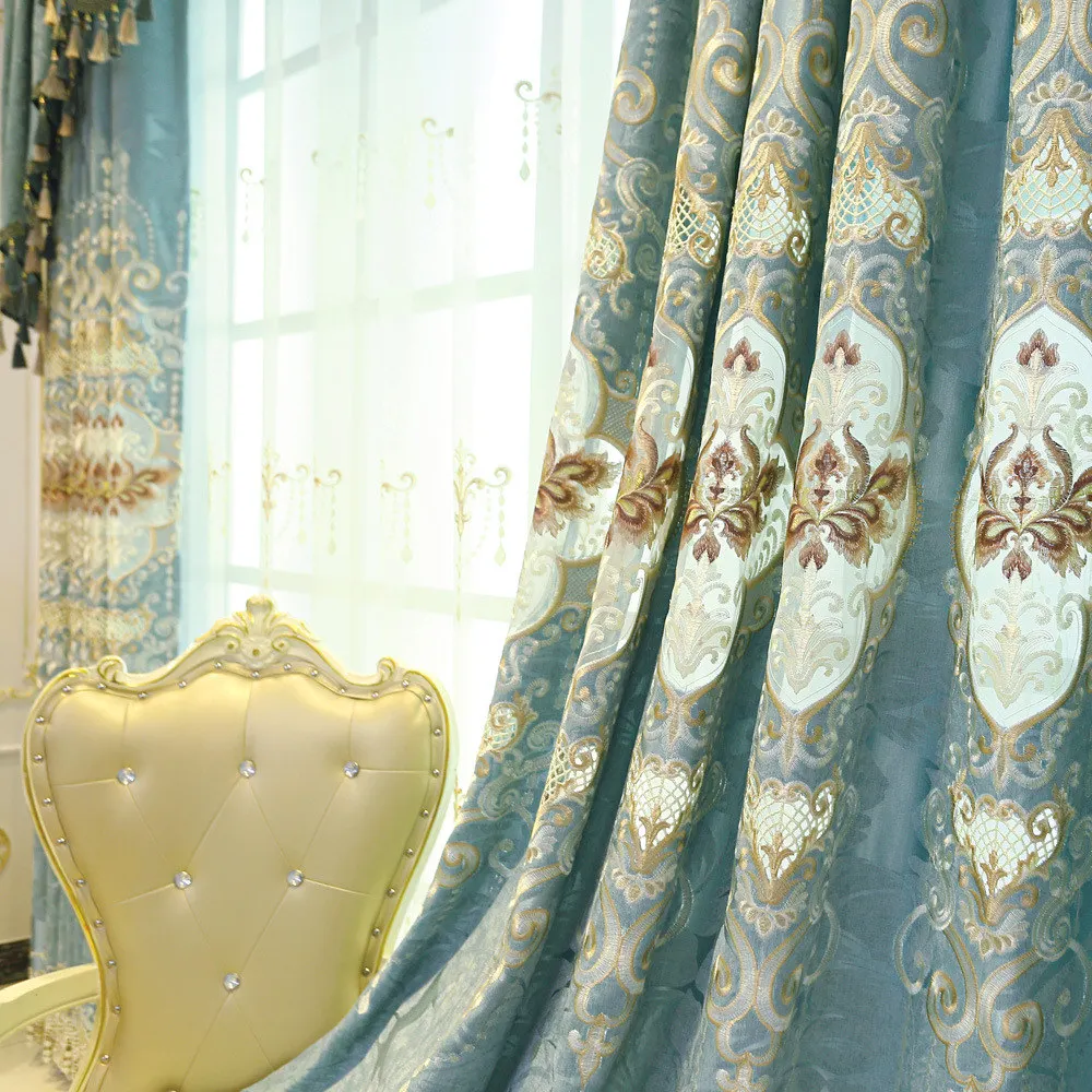 

European Window Embroidered Curtain for Living Room Bedroom Jacquard Chenille Luxury Sheer Noise Reducing Drapes 1 Panel in Blue