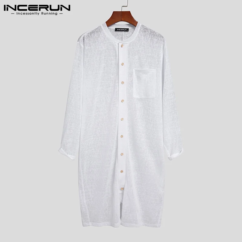 Men Pajamas Rompers Solid Color O Neck Long Sleeve Button Jumpsuits