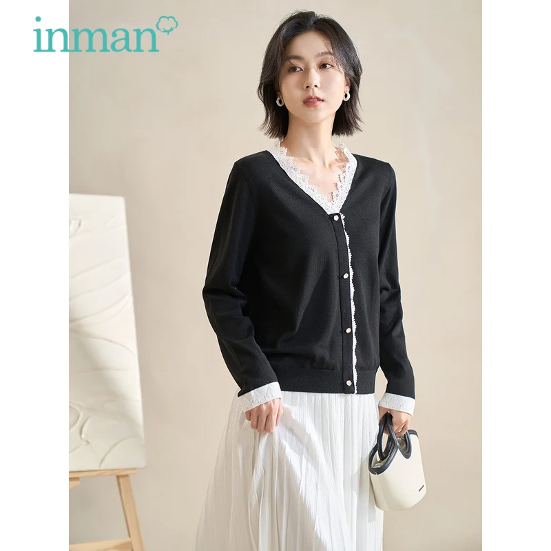 

INMAN Women Knit Cardigan 2023 Spring Long Sleeve Contrast Lace V-neck Loose Stretch Sweater Gentle Temperament Black Tops