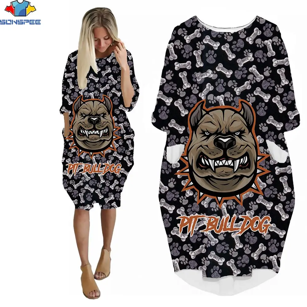 

SONSPEE 3D Print Kawaii Lady Dress Cute Pet Dog Bulldog Cartoon Avatar Tiled Pattern New Fashion Casual ShortSleeve Pocket Skirt