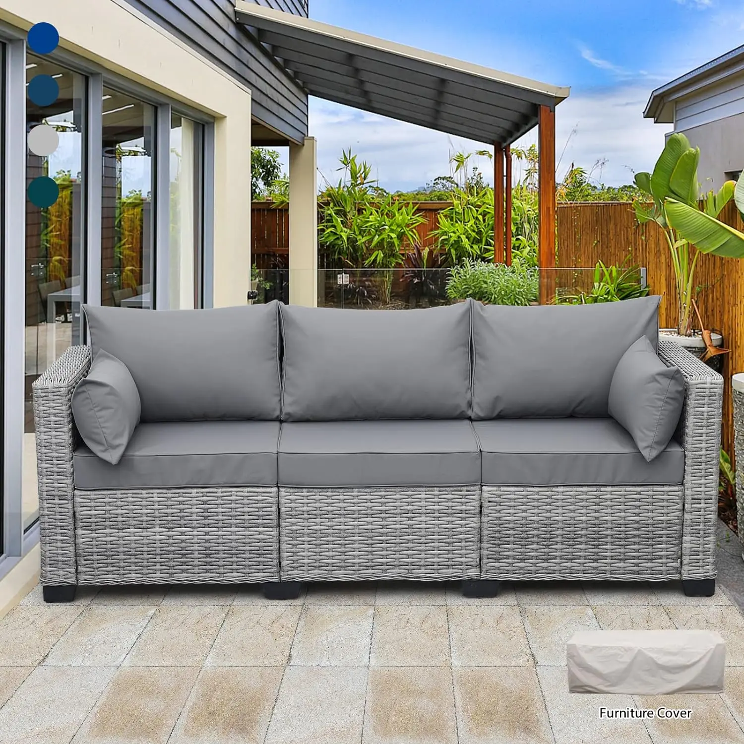 

Outdoor Couch Grey Wicker Patio Furniture 3-seat Sofa Deep Seat Hight Backrest with Waterproof Cover and Anti-Slip Cushions