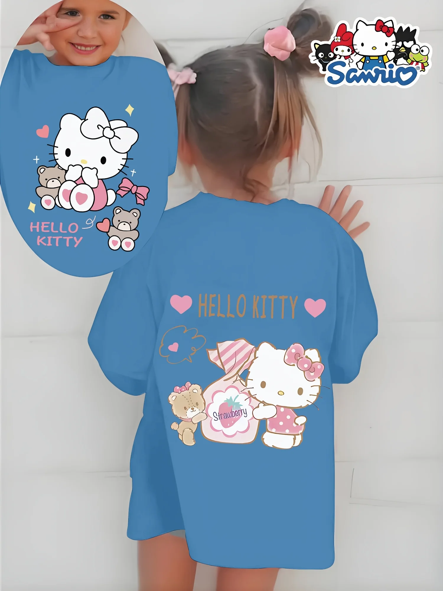 여름 티셔츠 100% 순면 소재로 제작된 산리오 헬로 키티 귀여운 패턴의 패셔너블한 여아 의류