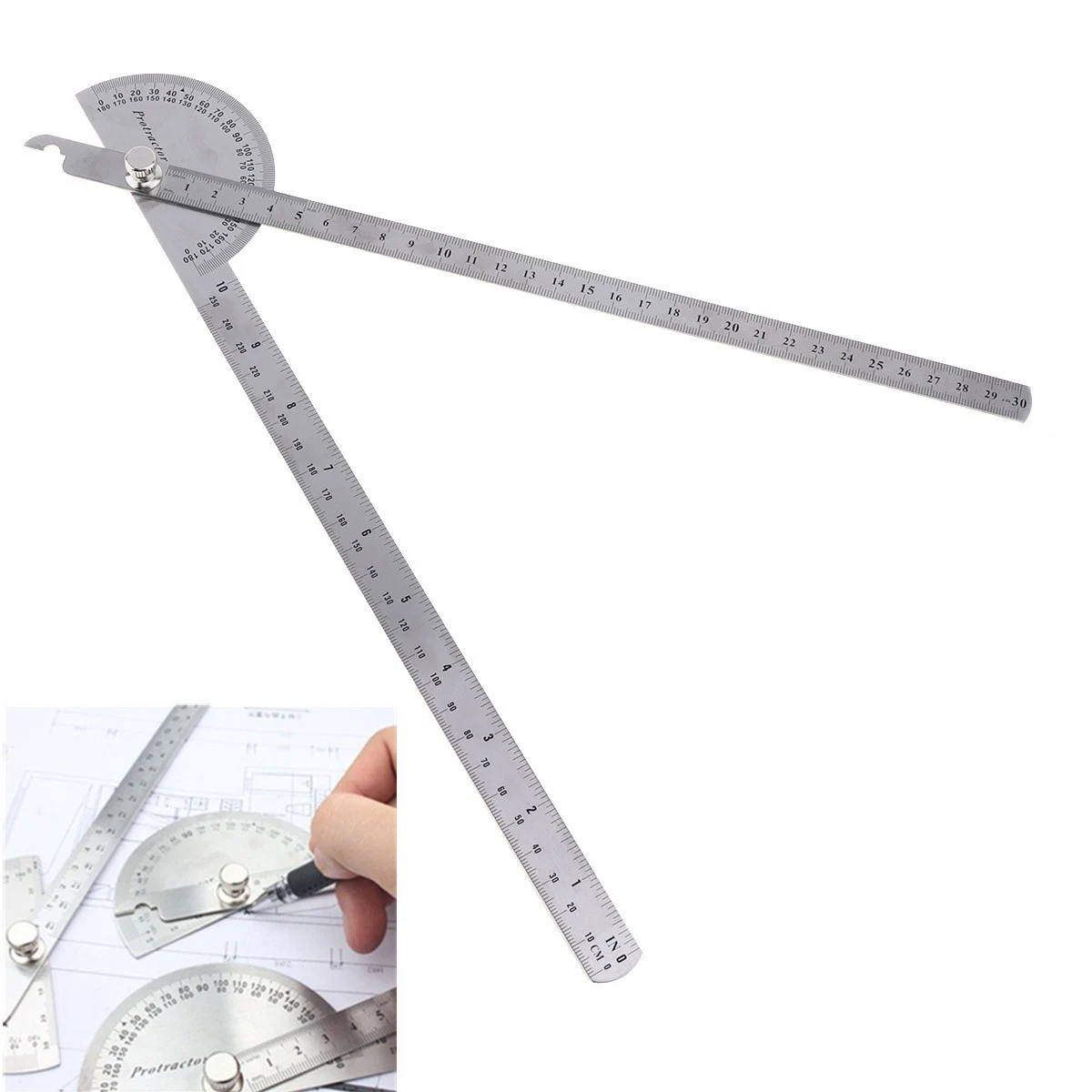 

Stainless Steel 180 Degree Double-arm Angle Ruler with Adjustable Nut and Round Head Rotary Protractor