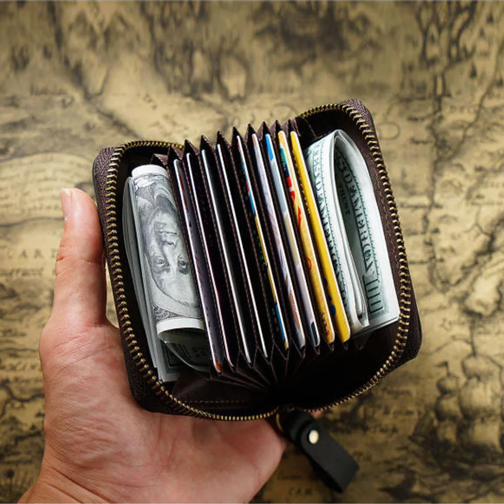 Leather RFID Blocking Credit Card Holder - Stylish Accordion Design Wallet with 11 Card Slots & Change Coin Pocket for Women Men