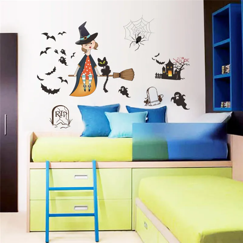 

Настенная Наклейка с рисунком ведьмы летучих мышей и гробницы на Хэллоуин для детской комнаты, украшение для дома, праздничная Наклейка на окно, художественная роспись из ПВХ