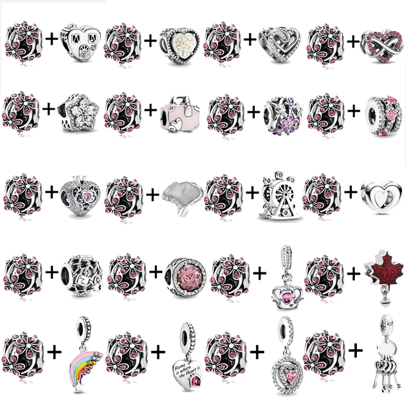 

2Pc/lot Lovely Pink Enamel Heart Flower Charms Beads Pendant Fit Pandoro Bracelet & Necklace For Women DIY Jewelry Gift 45 Style