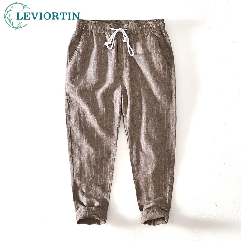 MensCasualStripedLinenPantsElasticWaistDrawstringPantsSpringSummerLooseFitBeach