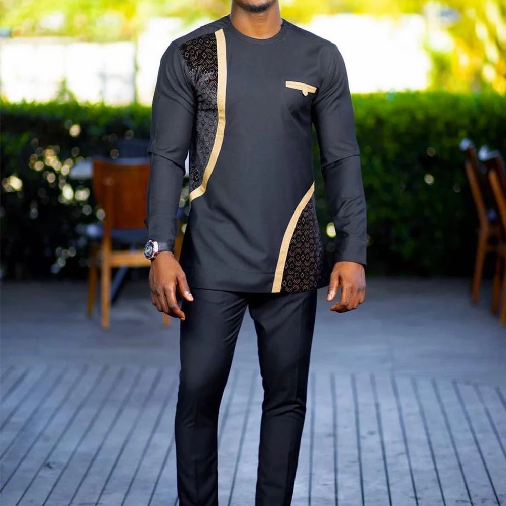 New Men's Tenos Wedding 2-Piece Suit Waist Pants Shirt Solid Color Panel Long Sleeve Party African Ethnic Style Clothing (M-4XL) 6