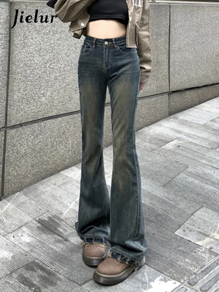 Jielur 아메리칸 스타일 섹시 빈티지 블루 여성 청바지, 하이 스트리트 슬림 Y2k 시크 포켓 여성 플레어 팬츠, 오피스 레이디 패션