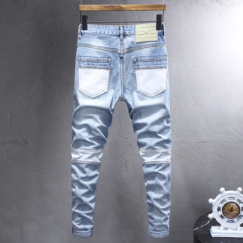 Street Fashion Men Jeans Retro Light Blue Elastic Stretch Slim Fit Ripped Jeans Men Spliced Designer Hip Hop Denim Pants Hombre