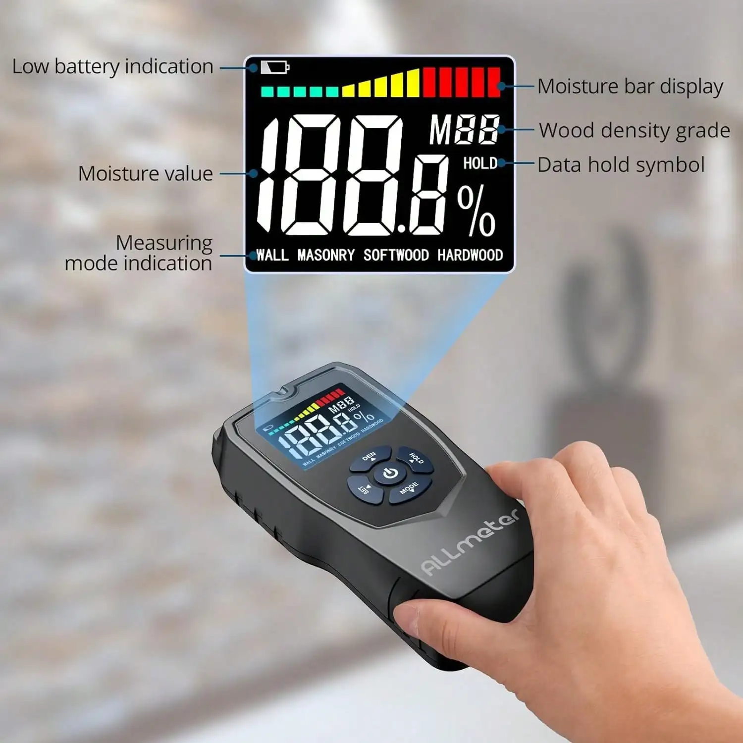 Pinless Moisture Meter Non-Destructive Wood Moisture Sensing Depth 5CM LCD Display Sound Alarm For Woodworking and Building