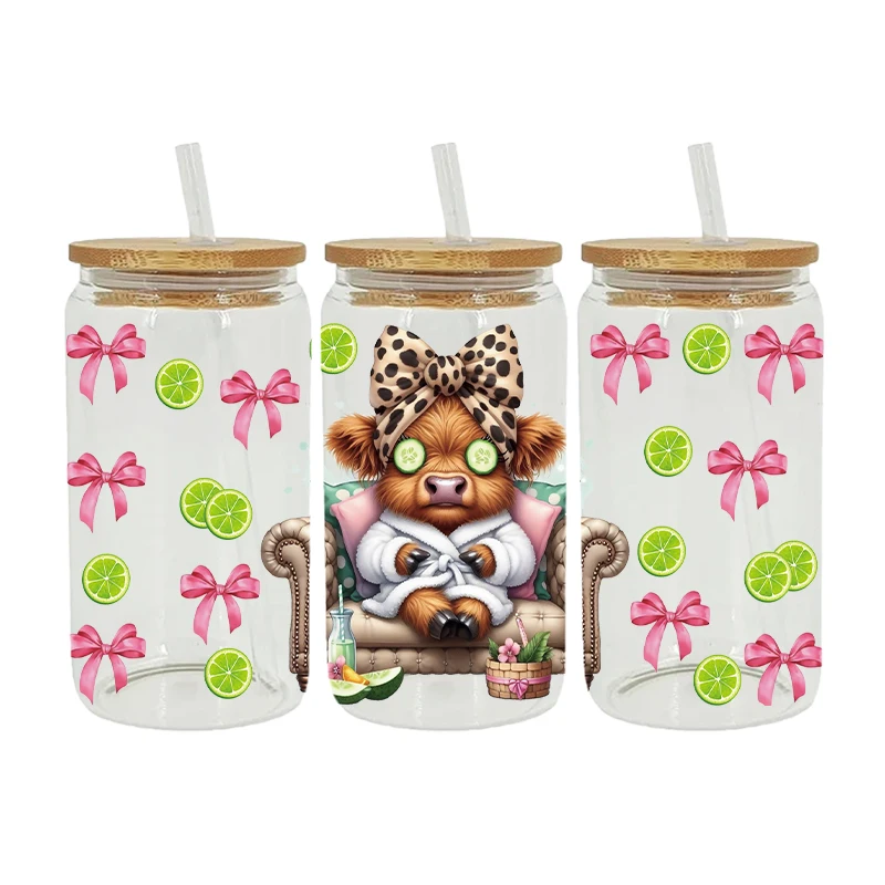 UV DTF Transfer Cow Theme for The 16oz Libbey Glasses Wraps, Cup Can DIY, Waterproof, Easy to Use, Decals, D18767