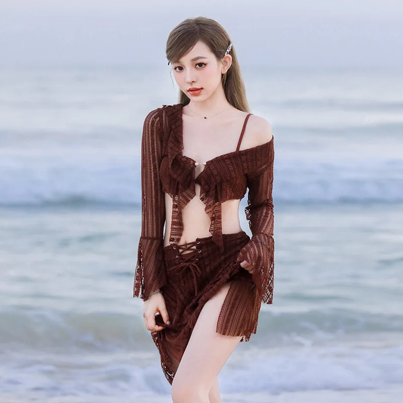 2024 Korean Style Swimwear 3 Piece Swimsuit Mesh Cardigan And Bikini Set Summer Beach Wear Swimsuit Dress Set With Cover Up