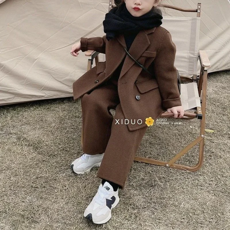 

Children's Suit Set Fashion Brand Children's Clothing 23 Autumn Woolen Boys and Girls' Suit Coat Pants Two Piece Set