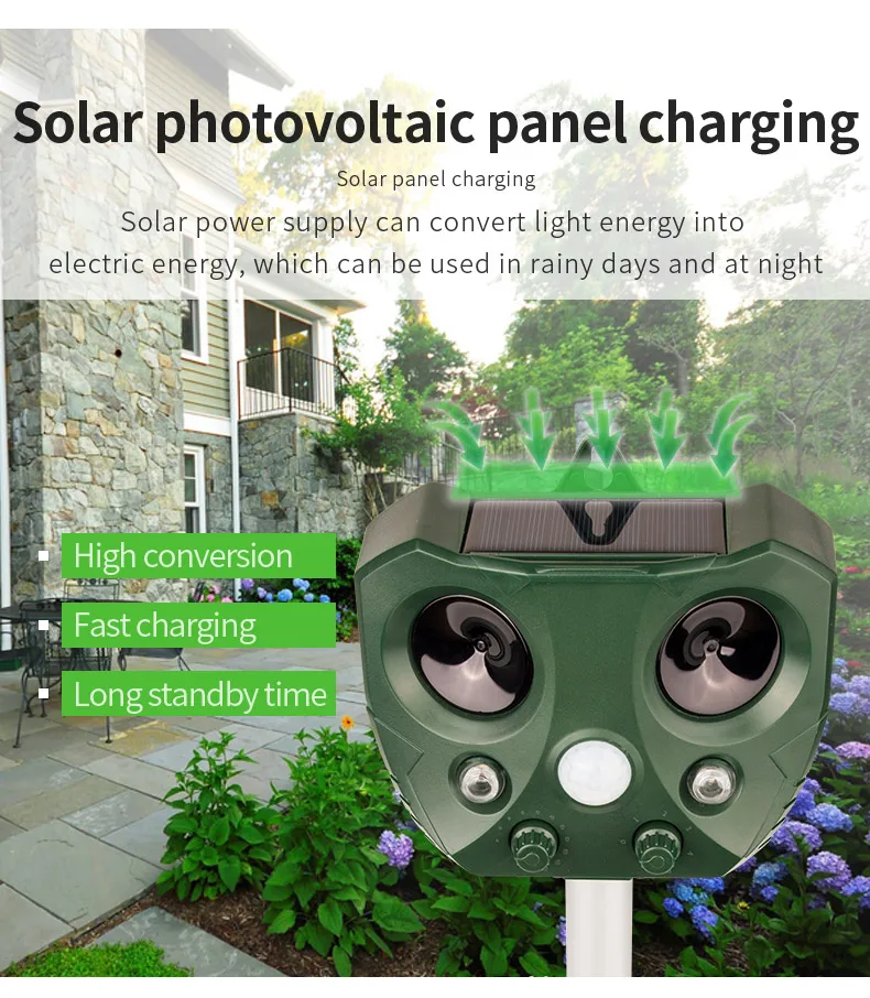 Outdoor-Wellenabwehrgerät mit variabler Frequenz, LED-Blitzlicht, Mäuseabwehr, solarbetrieben und USB-aufladbar, geeignet für Bauernhof, Garten, Terrasse. – Detail 7