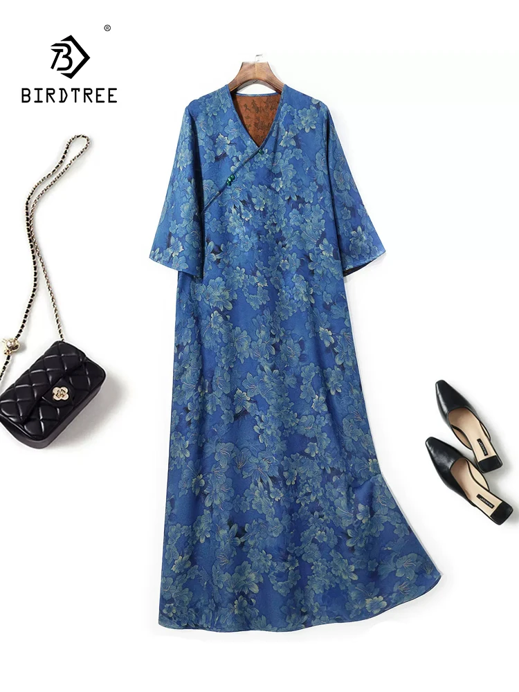 

BirdTree, 32MM Natural Silk XiangYunSha Elegant Dresses, Women V Neck 3/4 Sleeve Printed, OL Retro Dress, 2024 Summer D45350QC