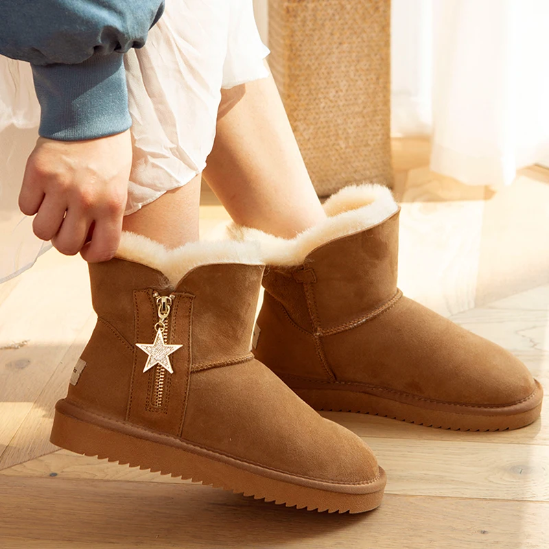 

2023 Top Quality Genuine Sheepskin Leather Women Snow Boots Classic Zipper Natural Fur Winter Boots Warm Wool Ankle Boots Women