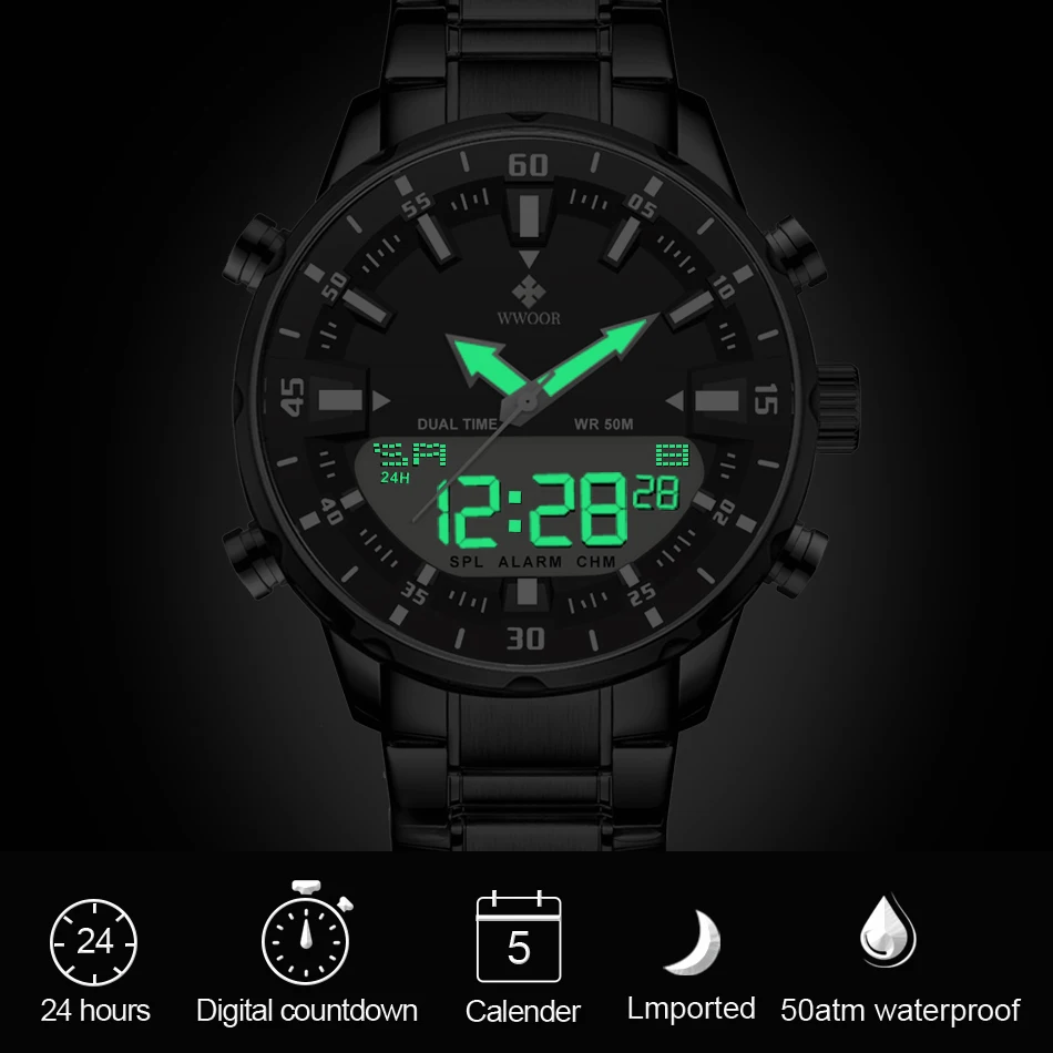 WWOOR Fashion Men's Watches Luxury Original Quartz Digital Analog Sport Military Wrist Watch For Man Waterproof Steel Male Clock