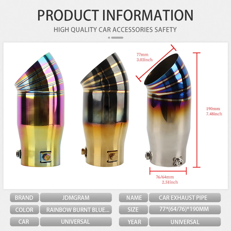 Universal Car Exhaust Pipe 64mm Muffler Tip Stainless Steel Chrome Auto Tail Throat Trim Rear Replacement