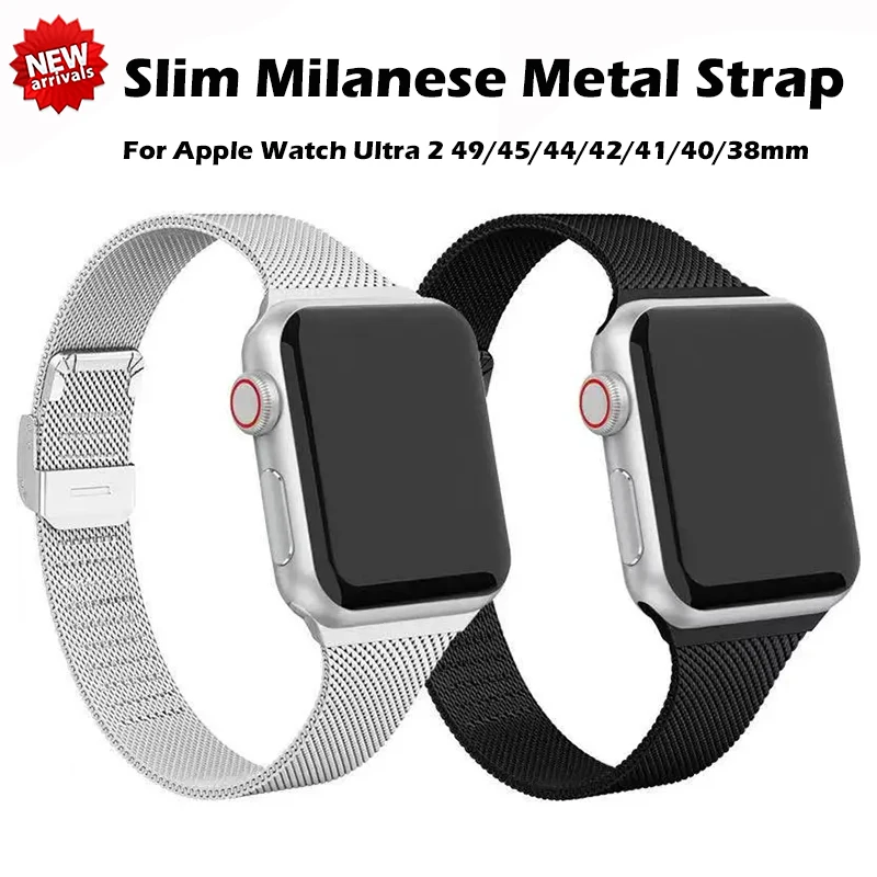

Металлический ремешок для Apple Watch, тонкий браслет «Миланская петля» из нержавеющей стали для iWatch 42 44 мм, 9 8 7 6 SE 5 38 40 41 45 49 мм Ultra 2