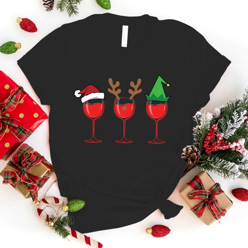 

Women Fashion Summer T Shirts Christmas Wine Glass Letter Print T-Shirts Unisex Short Sleeve Graphic Tee Casual T Shirts Tops