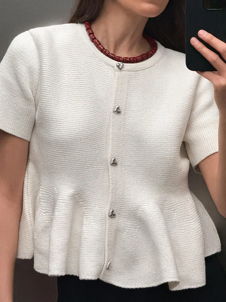 Spring 2025 New Women's Faion ort Skirt Knitted Jaet round Ne ort Sve Commute Sle Outerwear 43303 72