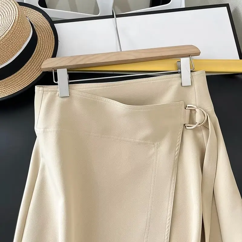 Jenny&Dave Casual Commuter Skirt Ladies For Women French Fashion Simple Asymmetric Buckle Design Midi Skirt
