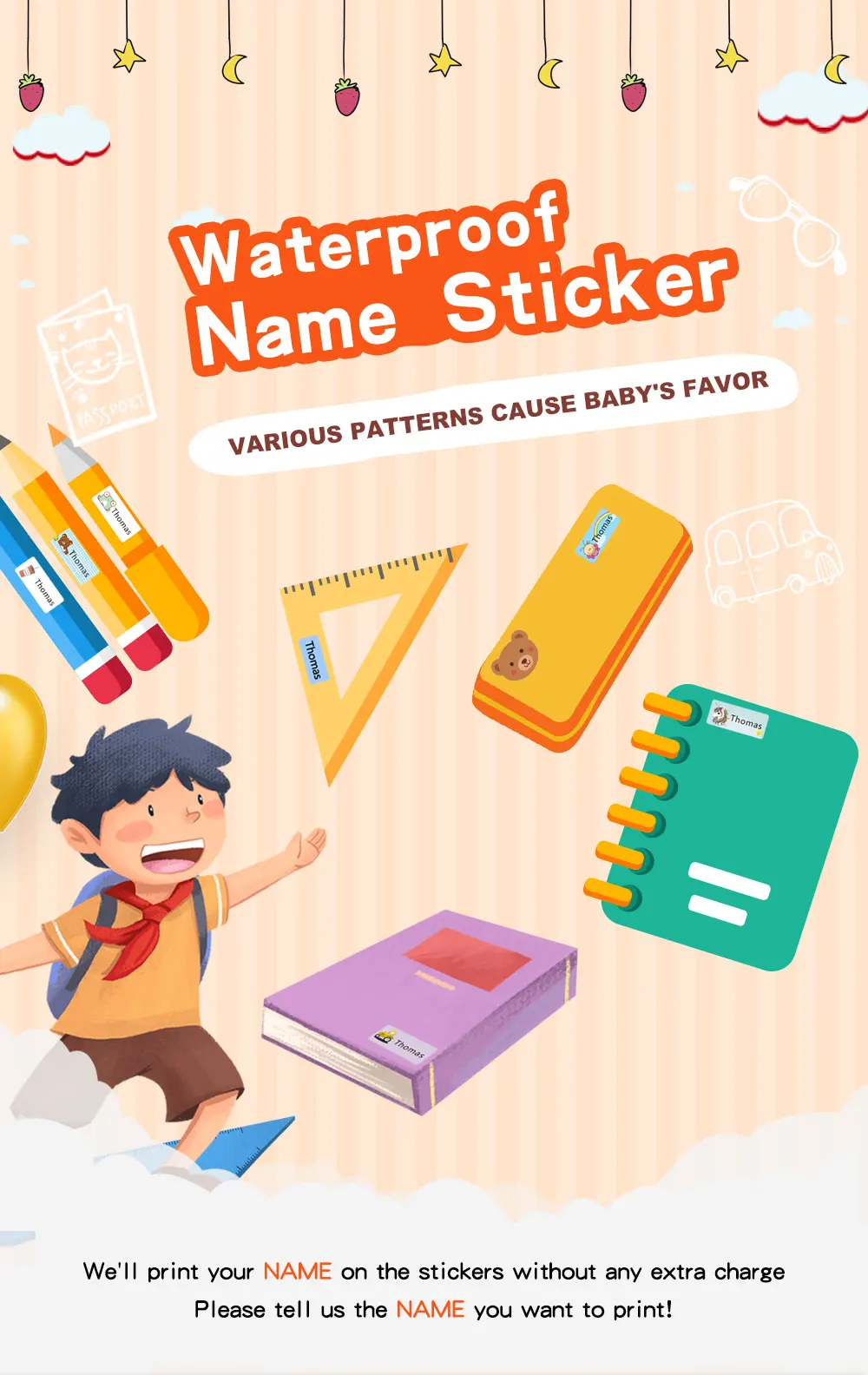 Description Picture 2 of item200pcs Custom Name Sticker In Hebrew Waterproof Labels Kids Decals Personalized First Name Tag for Children School Stationery