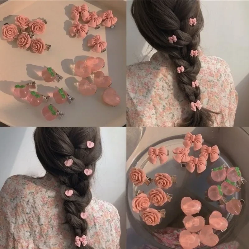 작은 활 머리핀, 귀여운 복숭아 장미 머리 장식, 헤어 액세서리, 소녀 사이드 앞머리 클립, 스위트 헤어 클립, 머리 장식 쥬얼리, 신제품