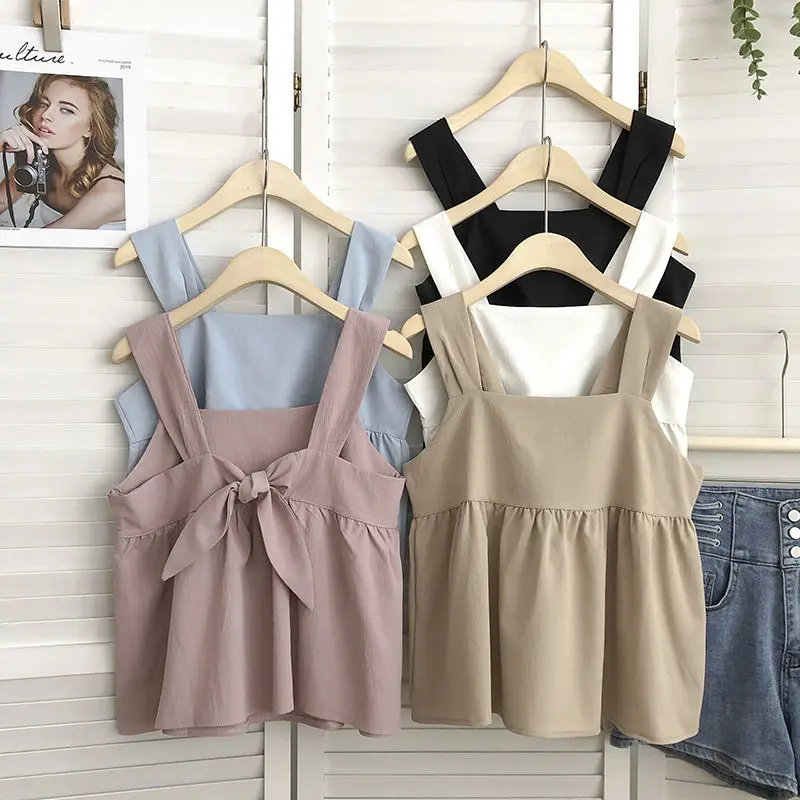 

Tanks Women Colorful Trendy Sexy Korean Square Collar Elegant Bow Backless Loose Streetwear Chic Japan Tops Female Mujer Summer