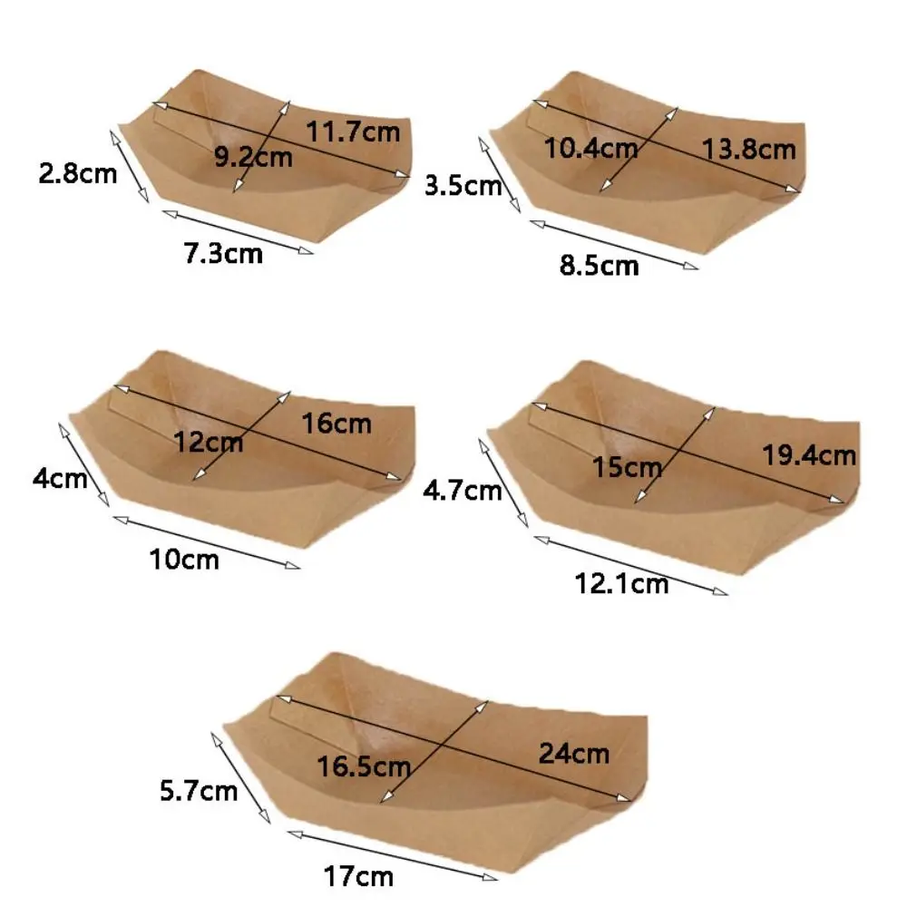 50 Pcs Kraft Disposable Food Trays Thickened Water Proof Hot Dog Containers Oil Proof with Film Boat Shape Snacks Holder Taco