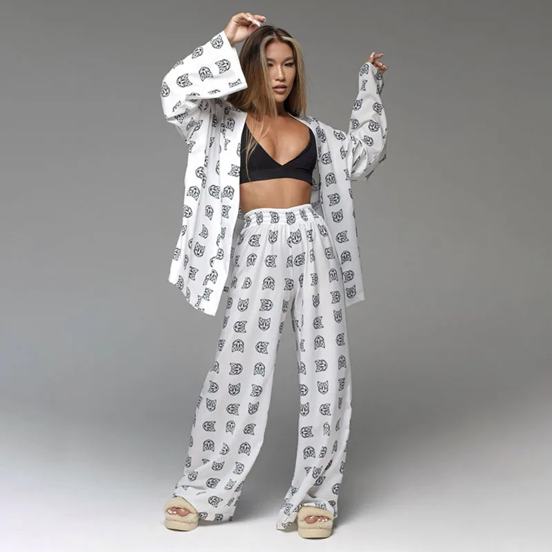 

Повседневная кружевная пижама с длинным рукавом и брюками с высокой талией, домашняя одежда, новинка 2023, свободные женские платья с принтом