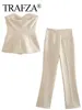 TRAFZA Women Elegant Solid Pant Suit Front Button Strapless Sexy Tank Tops + Side Slit Trouser Female Fashion Streetwear Sets 4