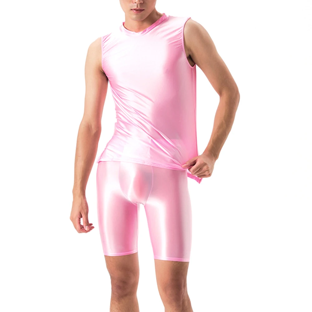 

Glossy Oily Shiny Men Tracksuits Stretch Vest Sports Fitness Running Sets Top Shorts Sexy Tanks Silky Long Boxershorts Yoga Suit