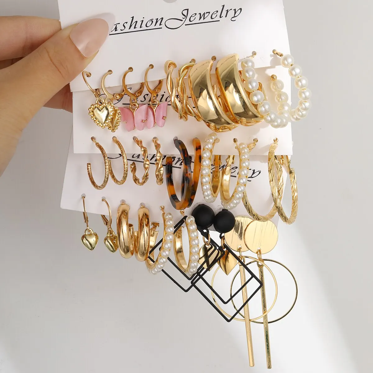 Juego de 15 Uds de pendientes de mujer acrílicos geométricos mariposa rosa cuadrado perla falsa estampado de leopardo pendientes de color dorado