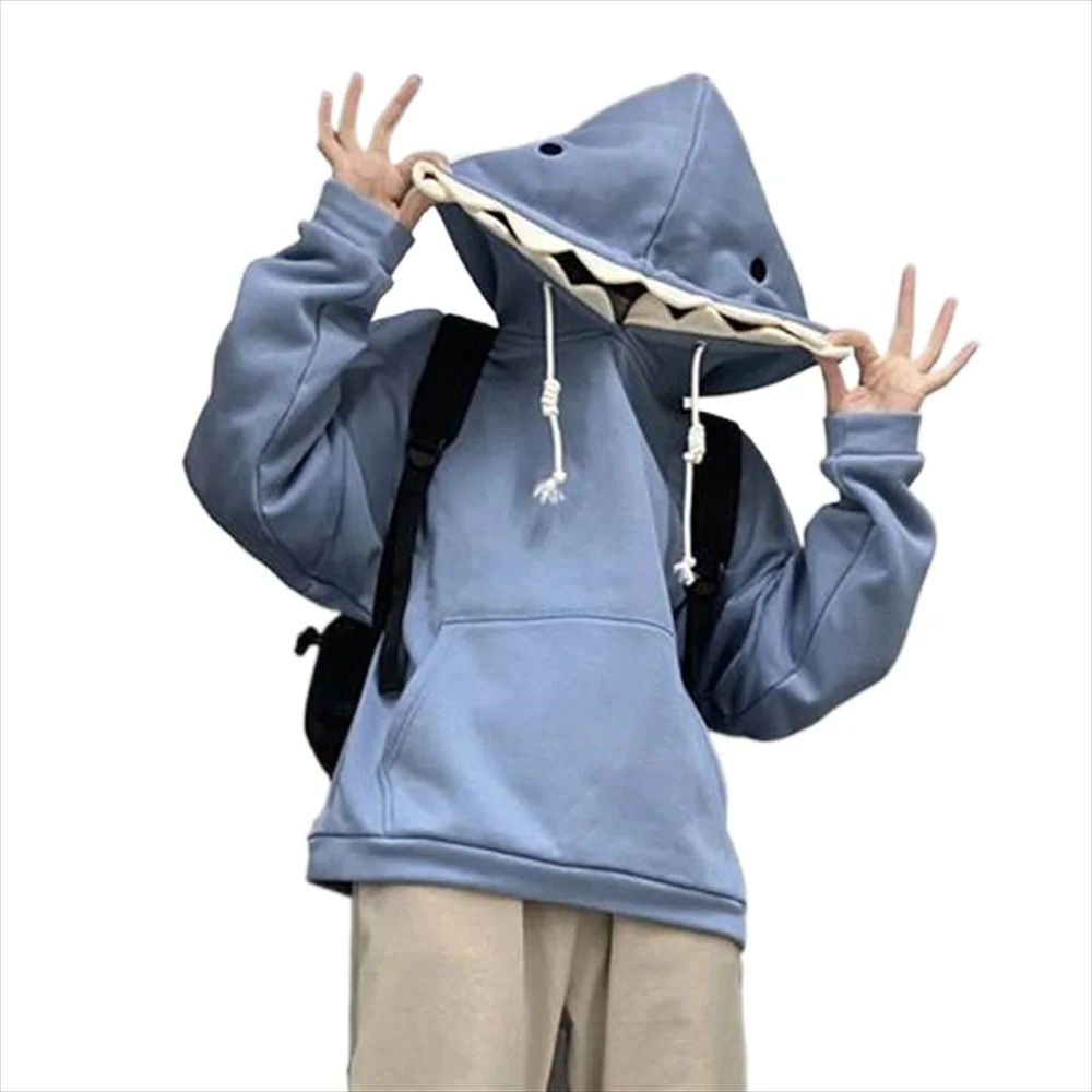 Aesthetic Long Sleeve Fleece Shark Hoodies Drawstring Top Coat Hooded Sweatshirts Loose Pullover Shark Hat Sweater Women Man